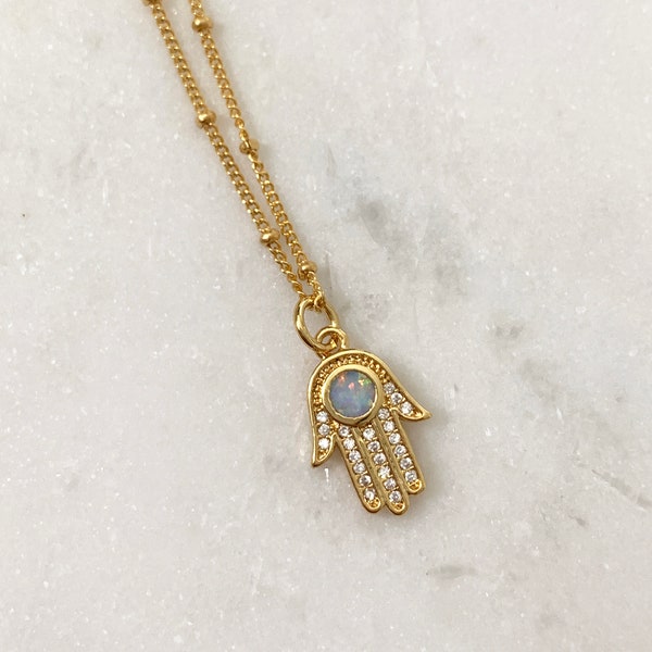 14k Gold Filled Hamsa Opal Necklace | The Hand Of Fatima | Dainty Protection Necklace | Satellite Chain