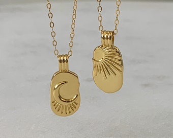 Conjunto de collar de sol y luna chapado en oro de 14 k: joyas celestiales a juego para mejores amigos o parejas.