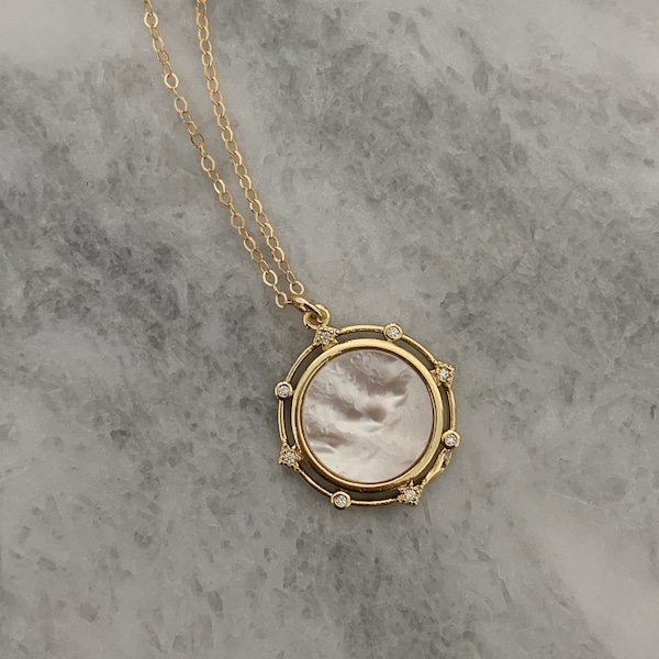 Gold Filled Pearl Coin Necklace | Pearl Medallion Charm | Natural Shell Pearl | Bridal Jewelry