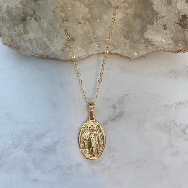 14k Gold Filled Saint Raphael Necklace, St. Raphael Charm Pendant, Layering Necklace, Dainty Catholic Necklace