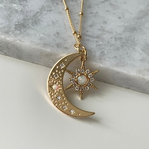 14k Gold Filled Opal Moon and Star Necklace | Celestial Layering and Stacking Necklace