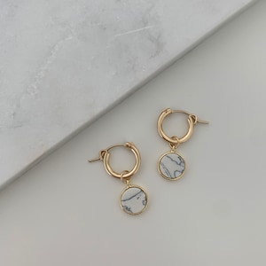 Gold Filled Howlite Hoop Earrings | White Marble Coin Earrings | Lightweight and Dainty Stone Earrings