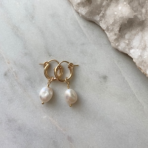 14k Gold Filled Small Baroque Pearl Hoops | Fresh Water Pearl Earrings | Organic Pearl | Bridal Earrings