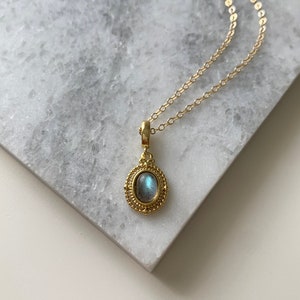 14k Gold Filled Rainbow Labradorite Gemstone Necklace | Victorian Style Pendant | Dainty and Delicate Necklace