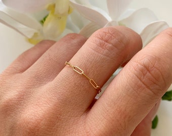 14k Gold Filled Paperclip Chain Ring | Rectangle Link Chain Ring | Dainty and Delicate Stacking Ring