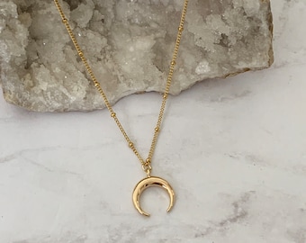 14k Gold Filled Crescent Horn Moon Necklace | Dainty and Delicate | Satellite Chain | Layering and Stacking Necklace