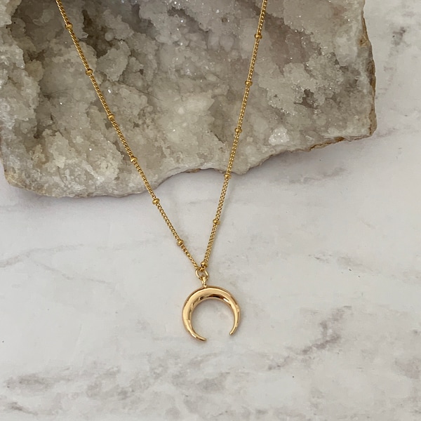 14k Gold Filled Crescent Horn Moon Necklace | Dainty and Delicate | Satellite Chain | Layering and Stacking Necklace
