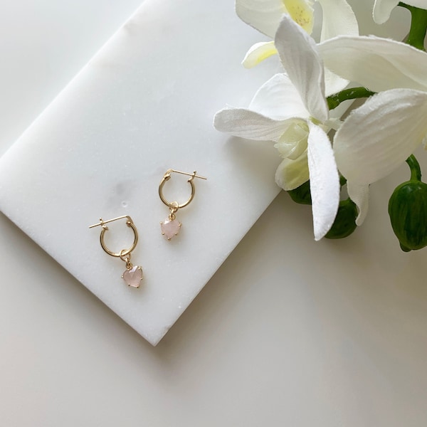 14k Gold Filled Tiny Rose Quartz Heart Earrings | Dainty and Delicate Rose Quartz Hoops | Light Pink Stone | Layering and Stacking