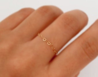 14k Gold Filled Heart Chain Ring | Dainty and Delicate Tiny Hearts | Waterproof | Tarnish Resistant