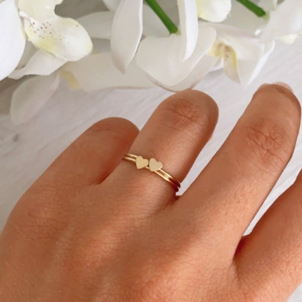 14k Gold Filled Dainty Stacking Heart Ring | Delicate Tiny Heart Ring | Double Heart | Minimalist Ring