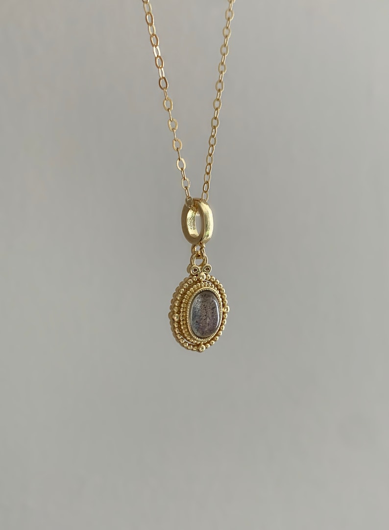 14k Gold Filled Rainbow Labradorite Gemstone Necklace | Victorian Style Pendant | Minimalist Jewelry | Waterproof and Tarnish Resistant image 8