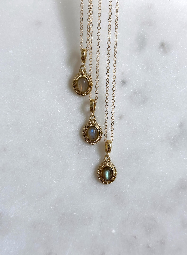 14k Gold Filled Rainbow Labradorite Gemstone Necklace | Victorian Style Pendant | Minimalist Jewelry | Waterproof and Tarnish Resistant image 5