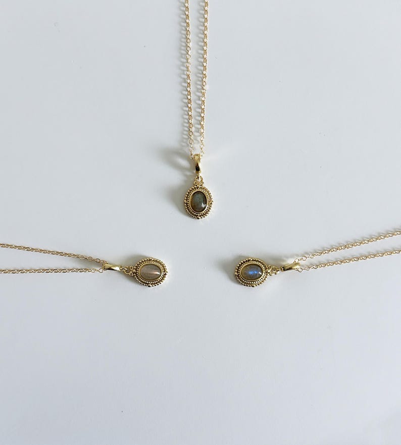 14k Gold Filled Rainbow Labradorite Gemstone Necklace | Victorian Style Pendant | Minimalist Jewelry | Waterproof and Tarnish Resistant image 4