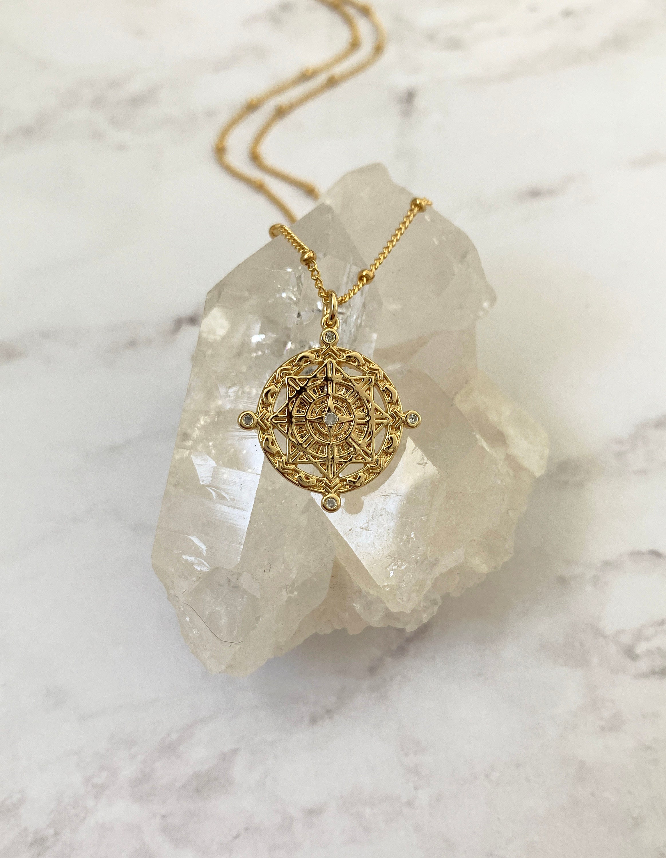 14k Gold Filled Compass Coin Necklace With CZ Stones 16 Etsy