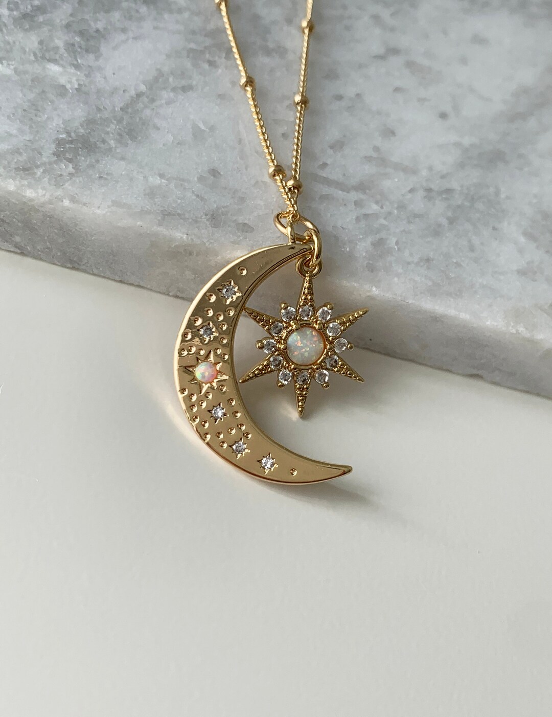 14k Gold Filled Opal Moon and Star Necklace Celestial Layering and ...