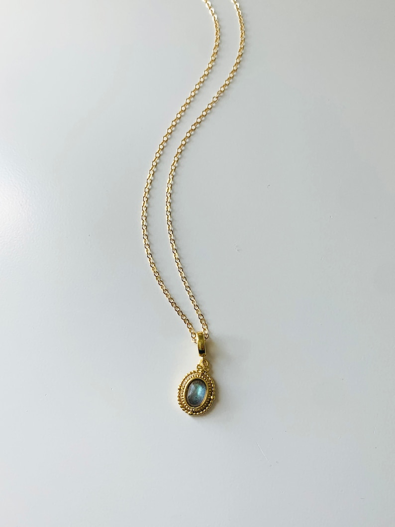 14k Gold Filled Rainbow Labradorite Gemstone Necklace | Victorian Style Pendant | Minimalist Jewelry | Waterproof and Tarnish Resistant image 3