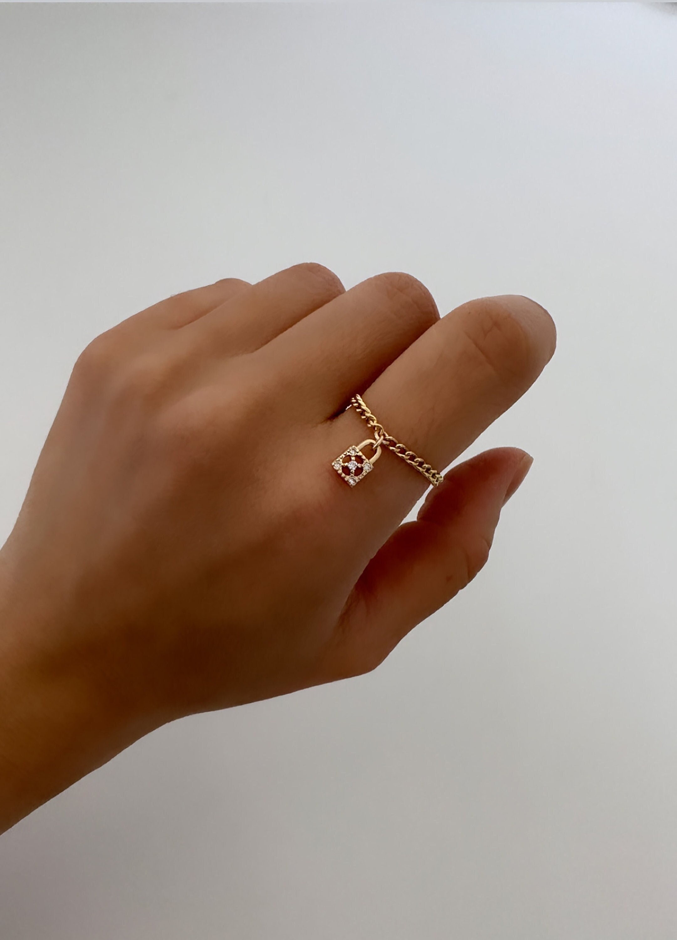 14k Gold Filled Dangle Padlock Chain Ring | Dangling Locket Chain Ring | Dainty and Delicate | Friendship Ring | Water and Tarnish Resistant