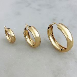 Gold Filled Thick Chunky Hoop Earrings | Wide Dome Lightweight Hoops | 25mm, 35mm, 45mm | Water and Tarnish Resistant | Statement Hoops