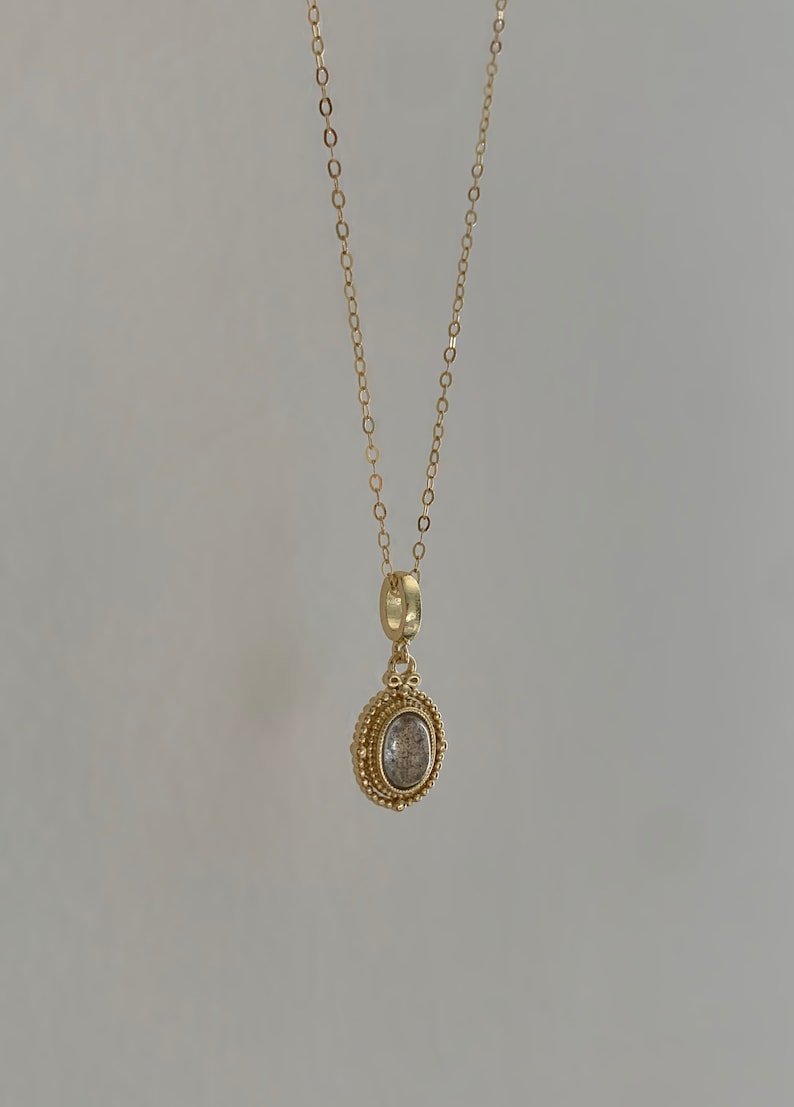 14k Gold Filled Rainbow Labradorite Gemstone Necklace | Victorian Style Pendant | Minimalist Jewelry | Waterproof and Tarnish Resistant image 7