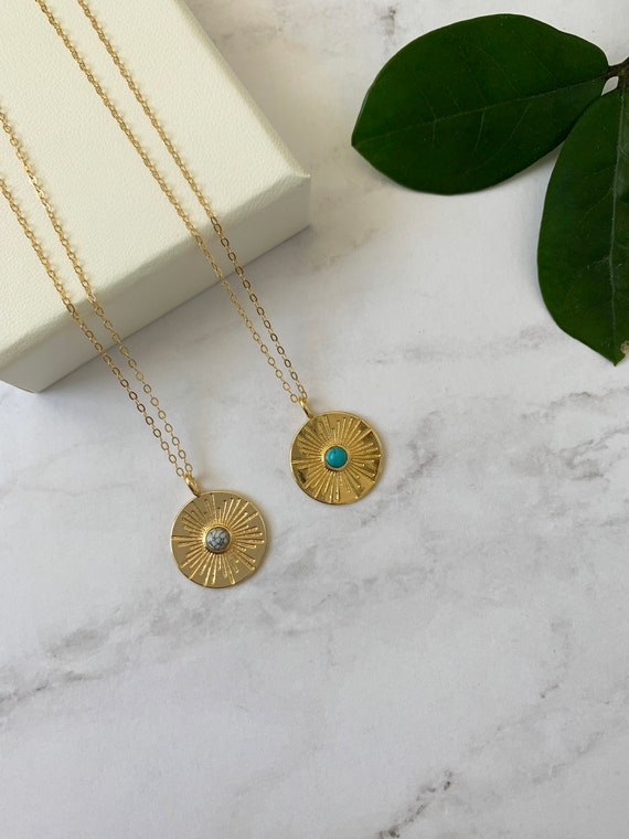 Gold Filled Howlite and Turquoise Sun Medallion Necklace