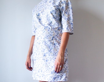 Blue Floral Vintage Dress | Handmade in Montreal | Upcycled Fashion | Women's Size Large | 1950s Inspired Dress | One of a Kind