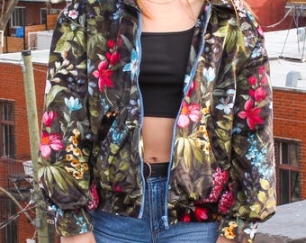 Handmade jacket montreal | One-of-a-kind artisanal jacket | Local fashion | Unique piece | Velvet jacket | Floral bomber jacket | upcycling