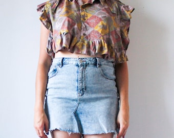 Upcycled Orange Yellow Crop Top | Unique Handmade Ruffle Top | Abstract Print Sustainable Fashion | Made in Montreal