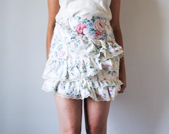 Romantic Floral Ruffle Skirt | Upcycled Fashion Made in Montreal | Women's Size Large | Cottagecore Lace Skirt | One of a Kind