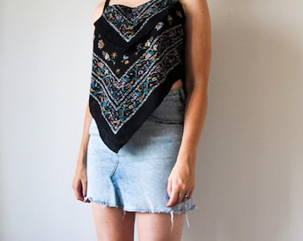 Black Bandana Top | Upcycled Clothing Made in Montreal | Women's Size Large | Layered Handkerchief Top | One of a Kind Handmade Fashion