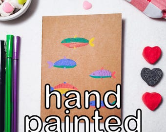 Hand Painted Kraft Notebook One of a Kind | Journal A6 | Handmade Sketchbook | Unique Gift | Fish illustration | Sardine illustration