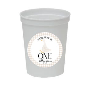 Silly Goose First Birthday Party Cups: Tan Gingham, Set of 6