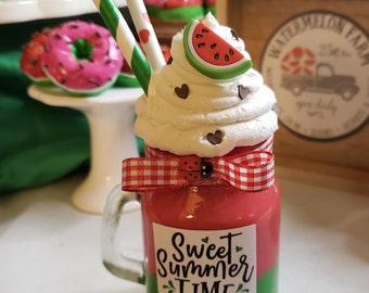 Decoración con forma de batido de sandía artificial: Mini tarro de cristal de verano