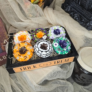 Trick Or Treat Halloween Faux Mini Donut Box with 6 Ceramic Faux Mini Donut/Tray Decor/Hutch Decor/Kitchen Decor/Not Edible