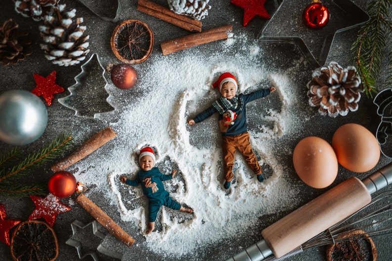 Christmas Baking Flour Angels Digital Backdrop photography, Snow Angel, Baking flat, flour, cutting board, high resolution JPG, TIFF image 1
