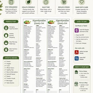Lista de la compra para el hipertiroidismo (PDF imprimible) / Lista de alimentos para la dieta tiroidea / Alimentos bajos en yodo y antiinflamatorios / Descarga instantánea