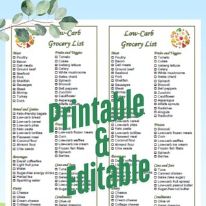 Lista de compras baja en carbohidratos imprimible: Compras dietéticas editables (PDF y DOC)