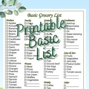 Large-Print Basic Grocery Food List Shopping Printable Instant Download