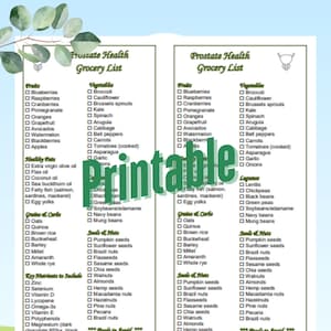 May include: Printable grocery list for prostate health, featuring fruits, vegetables, grains, nuts, and foods to avoid. Includes a list of key nutrients and herbal beverages. The text is in a green and white color scheme.