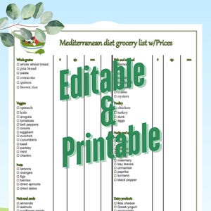 Mediterranean Printable EDITABLE Grocery List with Prices Doc & Pdf 2 in 1