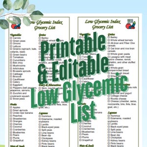 Lista de la compra de alimentos con bajo índice glucémico: Guía de compras dietética editable (PDF y DOC)