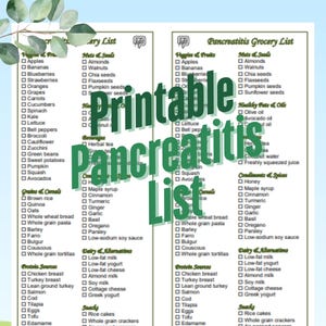Lista de compras de supermercado para impressão de dieta para pancreatite, download instantâneo em PDF 2 em 1