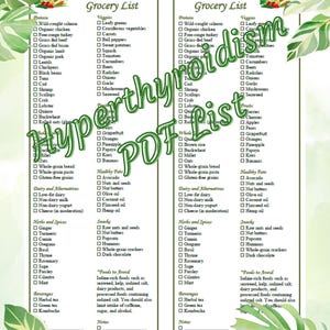 May include: A printable Hyperthyroidism Grocery List featuring two identical columns of food categories including protein, veggies, fruits, healthy fats, dairy, herbs, spices, snacks, and beverages, framed by green watercolor monstera leaves.