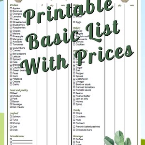May include: Printable grocery list with prices. The list includes produce, dairy, bakery, pantry staples, snacks, beverages, and meat. The title is in a large, dark green font. The list is on a white background with green leaf accents.