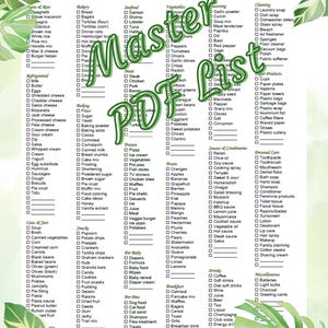 Puede incluir: Una lista de la compra Master Grocery Shopping List blanca con una cuadrícula de artículos de alimentación y hogar con casillas de verificación, enmarcada por hojas tropicales de monstera verdes y el texto Master PDF List en letra verde.