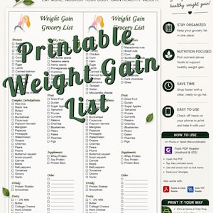 Lista de la compra para un aumento de peso saludable (PDF imprimible) / Lista de alimentos altos en calorías / Guía de compra de alimentos ricos en proteínas / Dieta para ganar masa muscular / Descarga instantánea