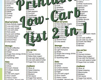 Könnte beinhalten: Druckbare Low-Carb-Einkaufsliste mit zwei Spalten mit Lebensmittelkategorien und Optionen. Der Text "Printable Low-Carb List 2 in 1" ist in einer großen, stilisierten Schrift geschrieben. Die Liste umfasst Fleisch, Obst, Gemüse und andere Lebensmittel.