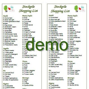 K&ouml;nnte beinhalten: Zwei vertikale, druckbare Einkaufslisten mit dem Titel "Stockpile Shopping List" mit verschiedenen Kategorien wie Gesundheit, Vorratskammer und Zubeh&ouml;r. Das Wort "demo" ist in der Mitte aufgedruckt.