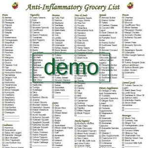 Lista de compras editable y antiinflamatoria, ampliada, imprimible, 2 en 1, DOC y PDF, descarga instantánea