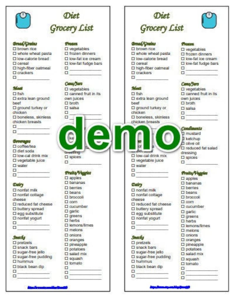 Diet Food Low Calorie Grocery List Printable 2 in 1 PDF Etsy