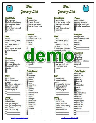 Diet Food Low Calorie Grocery List Printable 2 in 1 PDF - Etsy